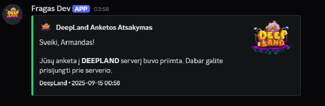 Discord pranešimas apie anketą